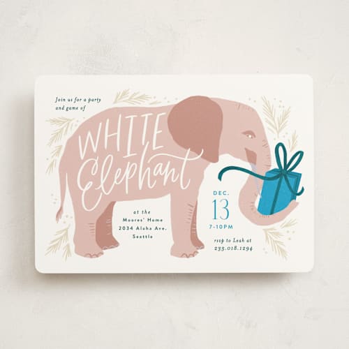 This is a candy holiday party invitations with standard by Alethea and Ruth called white elephant present printing on signature in standard