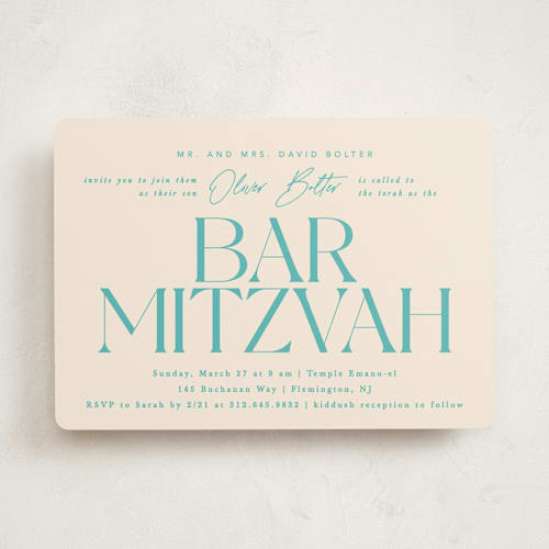 This is a turquoise bar mitzvah bat mitzvah invitations with standard by Creo Study called modern mitzvah printing on signature in standard