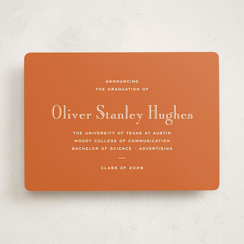 This is a burnt orange graduation announcements with standard by Megan Davis called campus printing on signature in standard