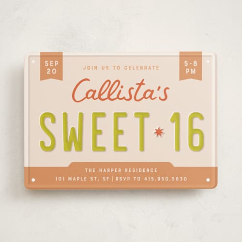 This is a citrus sweet sixteen birthday party invitations with standard by taylorVdesign called license plate printing on signature in standard
