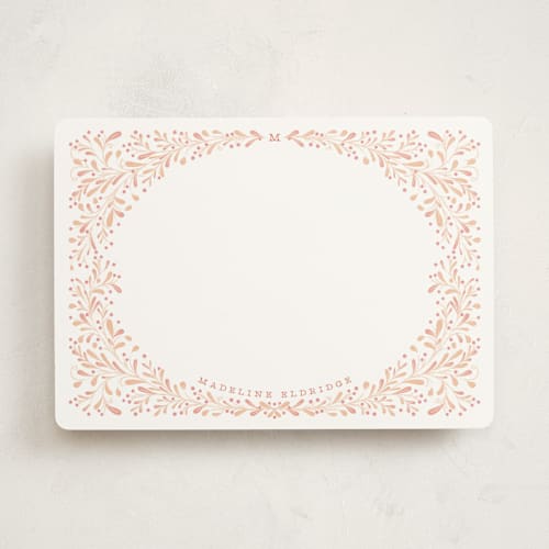 This is a peach and cream personalized stationery thank you cards with standard by Kamala Nahas called botanical border printing on signature in 5x7