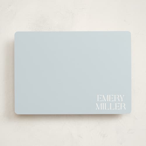 This is a dusty blue personalized stationery thank you cards with standard by Robert and Stella called corner block printing on signature in 5x7