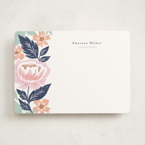 This is a navy personalized stationery thank you cards with standard by Alethea and Ruth called peony floral vine printing on signature in 5x7