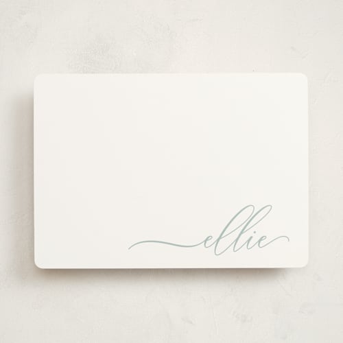 This is a teal personalized stationery thank you cards with standard by Lori Wemple called pretty script printing on signature in 5x7