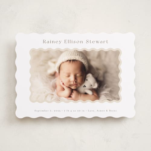 This is a oatmeal birth announcements with standard by Jennifer Wick called applique printing on smooth signature in standard