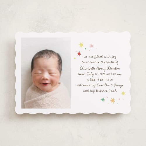 This is a strawberry birth announcements with standard by Megan Davis called constellation printing on smooth signature in standard
