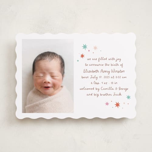 This is a tangerine birth announcements with standard by Megan Davis called constellation printing on recycled smooth signature in standard
