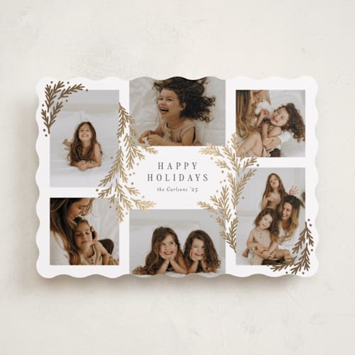 This is a snowball foil pressed holiday cards with foil pressed by Michelle Taylor called gilded greenery printing on recycled smooth signature in standard