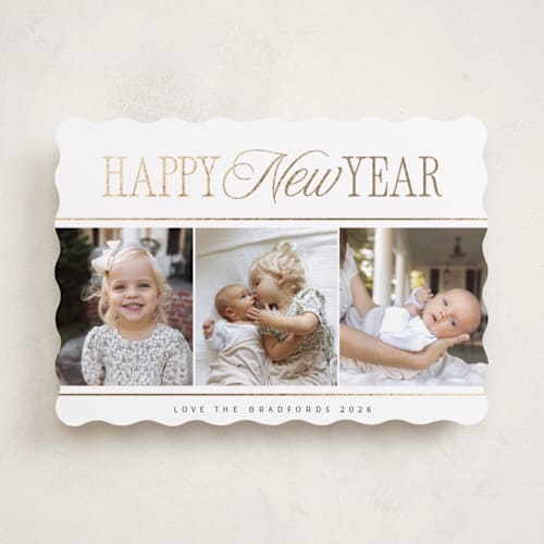 This is a snow foil pressed holiday cards with foil pressed by Nicole Walsh called new year trio printing on recycled smooth signature in standard