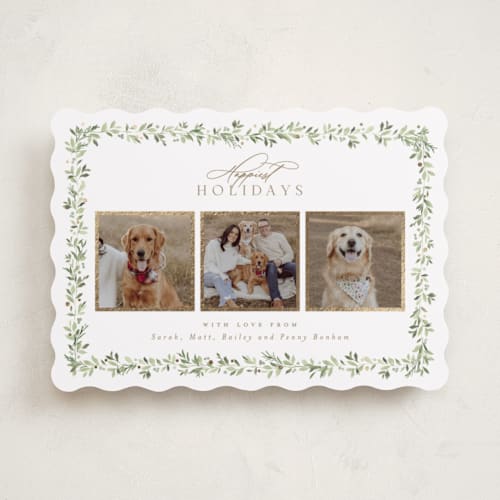 This is a snow foil pressed holiday cards with foil pressed by Everett Paper Goods called laurel garland printing on recycled smooth signature in standard