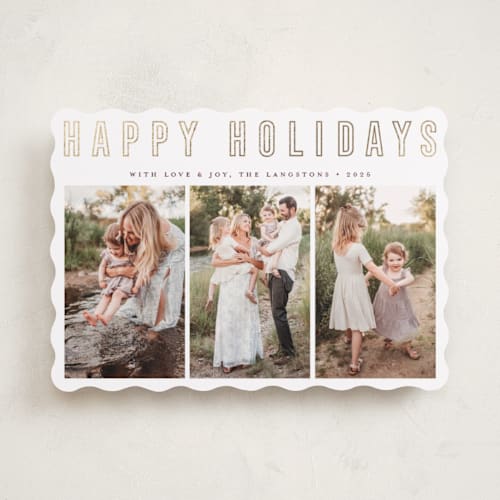 This is a snow foil pressed holiday cards with foil pressed by Juliana Zimmermann called triple happiness printing on recycled smooth signature in standard
