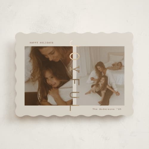 This is a linen foil pressed holiday cards with foil pressed by Ana Sharpe called joyful den printing on recycled smooth signature in standard