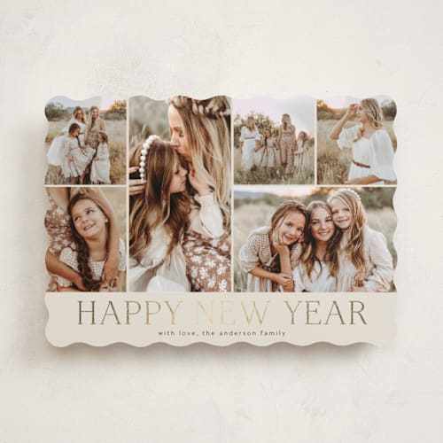 This is a coal foil pressed holiday cards with foil pressed by Kimberly Morgan called holiday photo grid printing on recycled smooth signature in standard