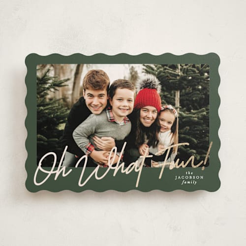 This is a forest foil pressed holiday cards with foil pressed by Karidy Walker called oh what fun script printing on recycled smooth signature in standard
