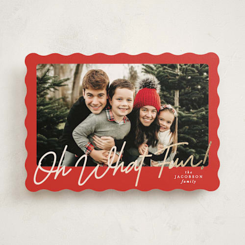 This is a crimson foil pressed holiday cards with foil pressed by Karidy Walker called oh what fun script printing on recycled smooth signature in standard