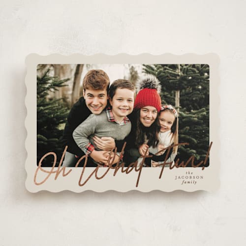 This is a linen foil pressed holiday cards with foil pressed by Karidy Walker called oh what fun script printing on recycled smooth signature in standard