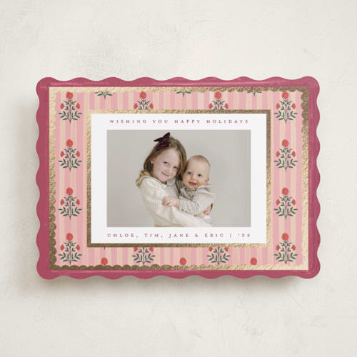 This is a candy foil pressed holiday cards with foil pressed by Teju Reval called block print frame printing on recycled smooth signature in standard