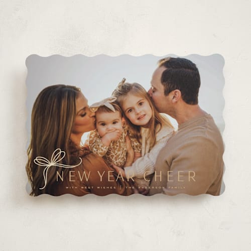 This is a champagne foil pressed holiday cards with foil pressed by Yuliya Evseeva called cute bow printing on recycled smooth signature in standard