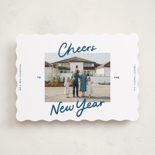 This is a blue jeans new year photo cards with standard by Abbigail Lim called a simple cheers printing on recycled smooth signature in standard