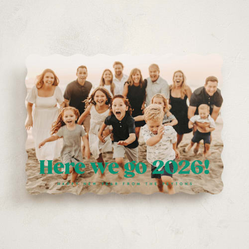 This is a elf shoes new year photo cards with standard by Kristie Kern called here we go! printing on recycled smooth signature in standard