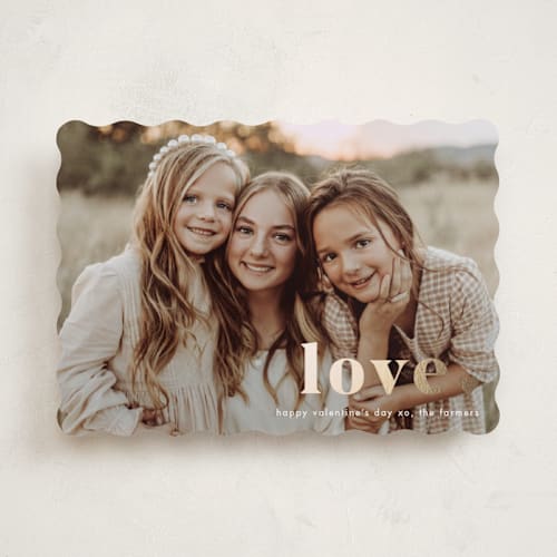 This is a cotton foil stamped valentine cards with foil pressed by Stacey Meacham called love period printing on recycled smooth signature in standard