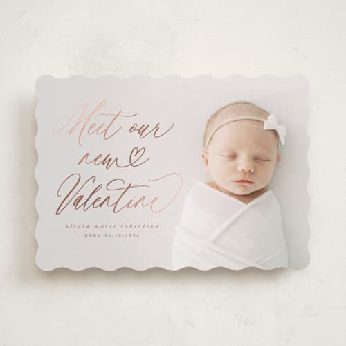 This is a blush foil stamped valentine cards with foil pressed by Stacy Maalouf called meet our new valentine printing on recycled smooth signature in standard