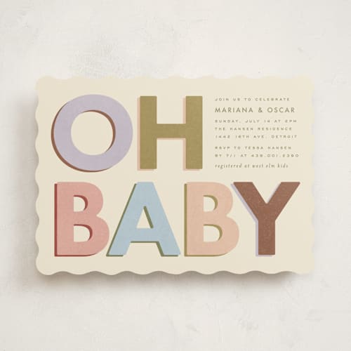 This is a muted baby shower invitations with standard by Ellen Schlegelmilch called block letters printing on signature in standard