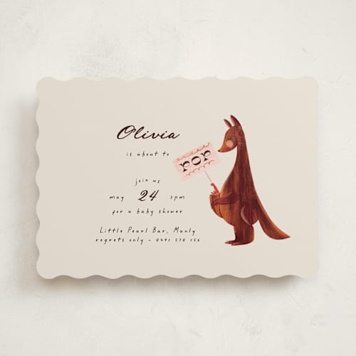 This is a cream baby shower invitations with standard by Gwen Bedat called kangaroo pop printing on signature in standard
