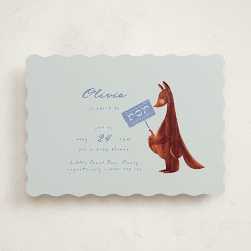 This is a pond baby shower invitations with standard by Gwen Bedat called kangaroo pop printing on signature in standard
