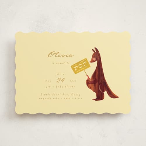 This is a honey baby shower invitations with standard by Gwen Bedat called kangaroo pop printing on signature in standard