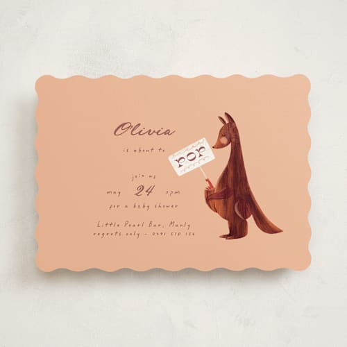 This is a peach baby shower invitations with standard by Gwen Bedat called kangaroo pop printing on signature in standard