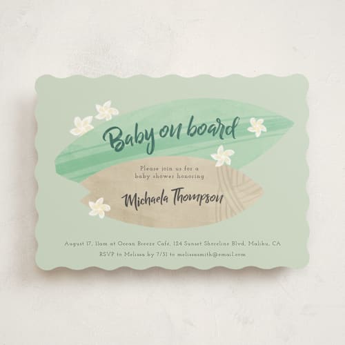 This is a mint baby shower invitations with standard by Adelyn T. called surf baby printing on signature in standard