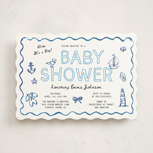 This is a denim baby shower invitations with standard by Cass Loh called nautical doodles printing on signature in standard