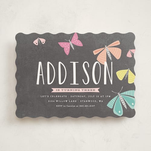 This is a graphite kids birthday invitations with standard by Karidy Walker called colorful butterflies printing on signature in standard