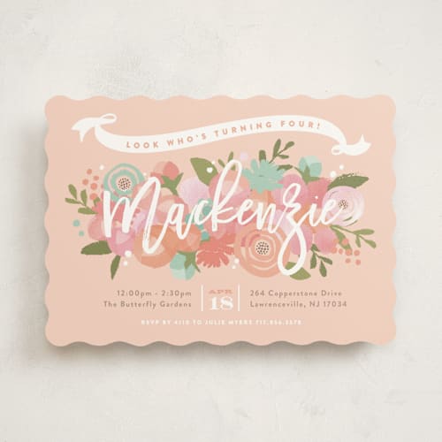 This is a peach kids birthday invitations with standard by Jennifer Wick called blooming peonies printing on signature in standard