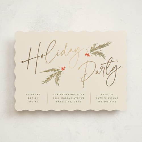 This is a cream holiday party invitations with foil pressed by Robert and Stella called holiday script printing on signature in standard