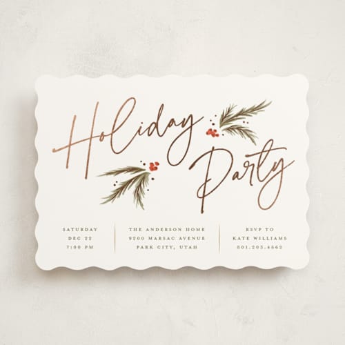 This is a snow holiday party invitations with foil pressed by Robert and Stella called holiday script printing on signature in standard
