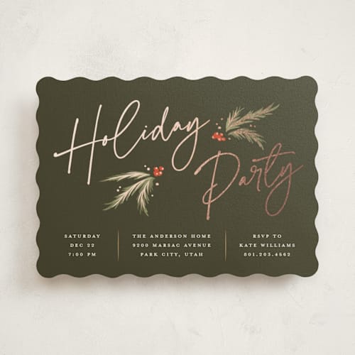 This is a pine holiday party invitations with foil pressed by Robert and Stella called holiday script printing on signature in standard