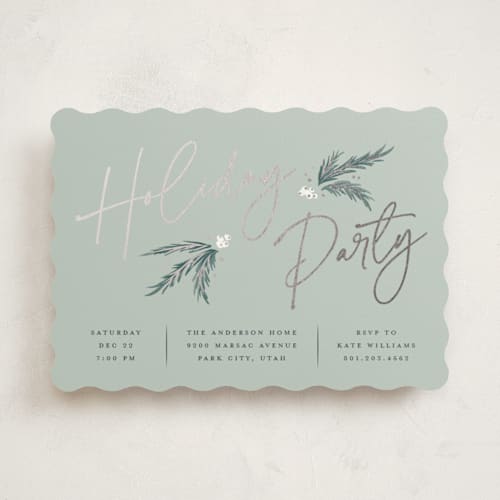 This is a frost holiday party invitations with foil pressed by Robert and Stella called holiday script printing on signature in standard