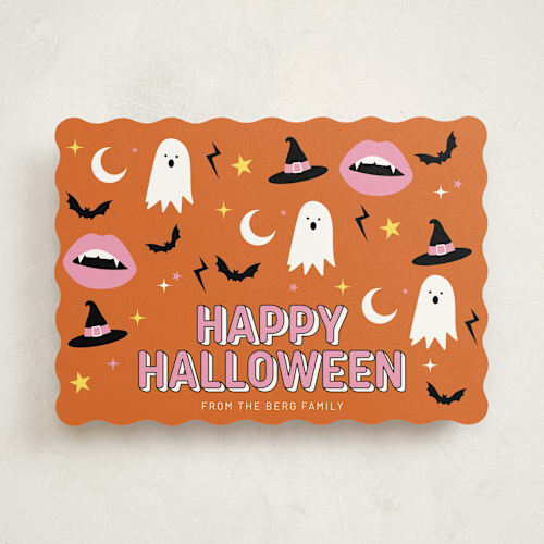 This is a pumpkin halloween party invitations cards by tara berg called bats, ghosts, and witches! printing on signature in standard