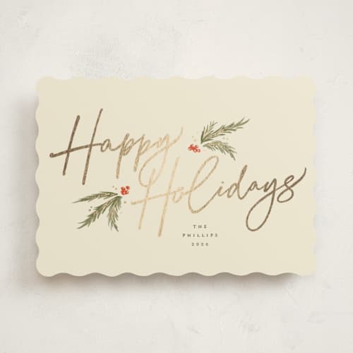 This is a eggnog foil pressed holiday cards with foil pressed by Robert and Stella called holiday script printing on signature in standard