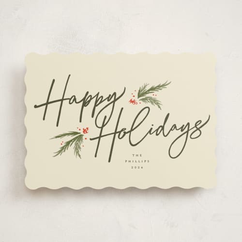 This is a eggnog non photo holiday cards with standard by Robert and Stella called holiday script printing on signature in standard