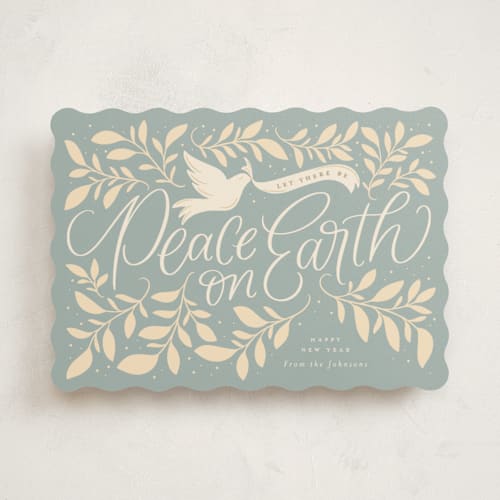 This is a blue spruce non photo holiday cards with standard by Erin German called botanical peace on earth printing on signature in standard