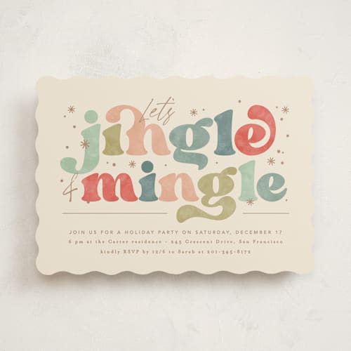 This is a pine needles holiday party invitations with standard by Creo Study called jingle and mingle type printing on signature in standard