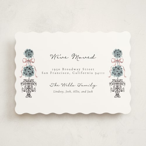 This is a navy moving announcements with standard by Jackie Crawford called hand illustrated garden gate printing on signature in standard