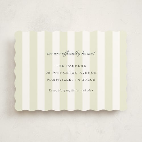 This is a mint moving announcements with standard by Sara Hicks Malone called stripe move printing on signature in standard