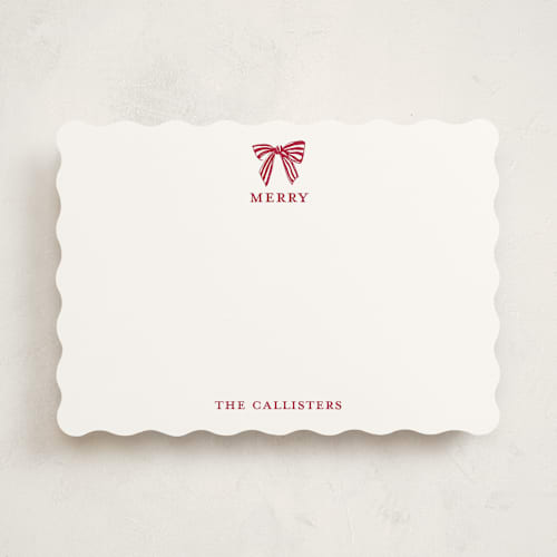 This is a candy cane personalized stationery thank you cards with standard by Mere Paper called stamped with a bow printing on signature in 5x7