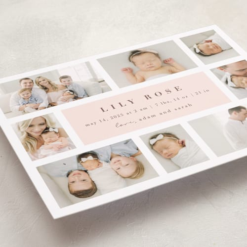 This is a blush grand birth announcements with standard by Maria Alou called family album printing on smooth signature in grand