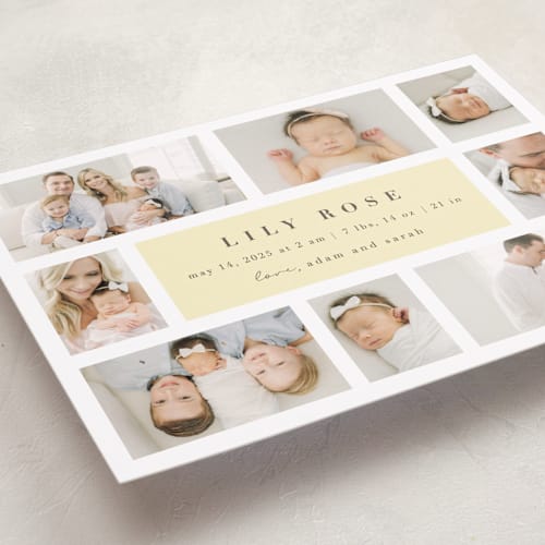 This is a butter grand birth announcements with standard by Maria Alou called family album printing on recycled smooth signature in grand