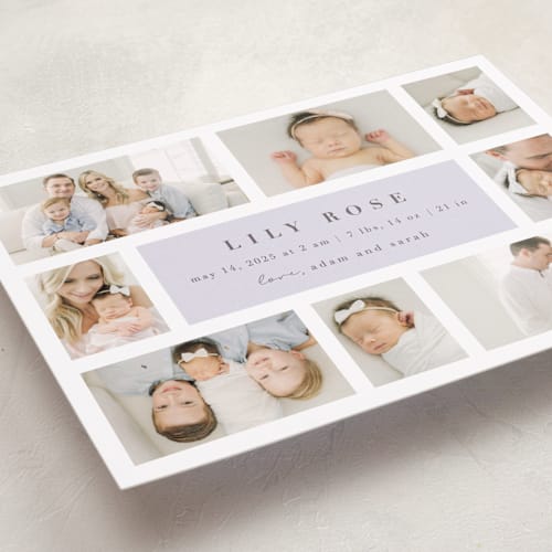 This is a periwinkle grand birth announcements with standard by Maria Alou called family album printing on smooth signature in grand